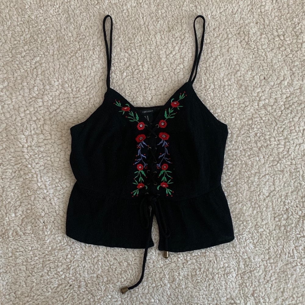 Forever 21 Black Floral Embroidered Crop Top